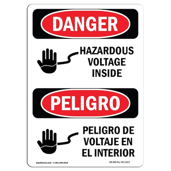 Safety Sign, OSHA Danger, 5" Height, Hazardous Voltage Inside Spanish, 10PK
